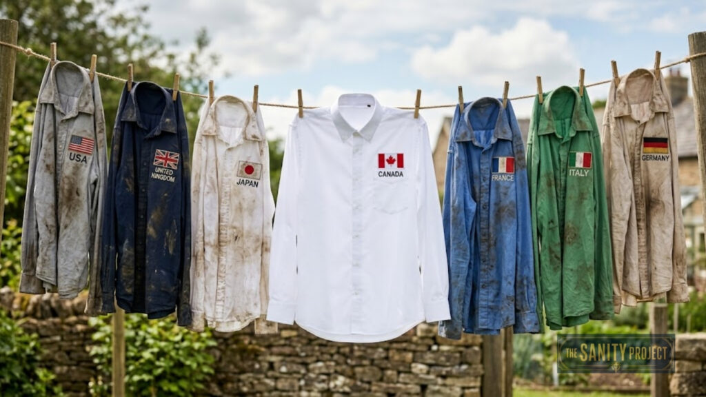 Seven button-up shirts hang on a clothesline. Six shirts labeled USA, UK, Japan, France, Italy, and Germany appear dirty from the Canada Debt Crisis. A clean white shirt in the center is labeled Canada with a red maple leaf; fields and houses blur behind.