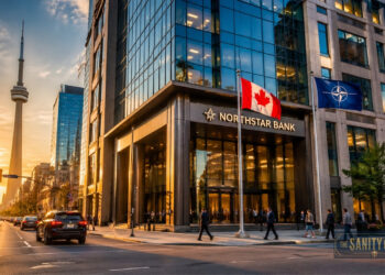 A city street at sunset with people walking and cars driving. Northstar Bank, a leader in Defence Security and Resilience, stands with Canadian and NATO flags outside. The CN Tower rises in the background as sunlight glows on buildings and street.