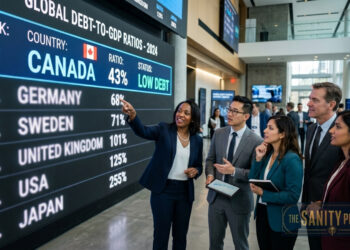 Five professionals stand together in a modern office, discussing a digital display titled Global Debt-to-GDP Ratios - 2024. Despite global concerns like the Canada Debt Crisis, Canada ranks first with a 43% ratio and Low Debt status among countries shown.