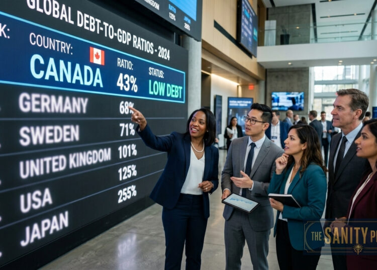 Five professionals stand together in a modern office, discussing a digital display titled Global Debt-to-GDP Ratios - 2024. Despite global concerns like the Canada Debt Crisis, Canada ranks first with a 43% ratio and Low Debt status among countries shown.
