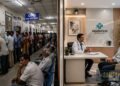 Split image: Left side shows a crowded, busy hospital waiting area with people lined up at a registration desk under “OPD” signs. Right side highlights healthcare privatization—a modern clinic where a doctor warmly consults with a patient in a bright office.