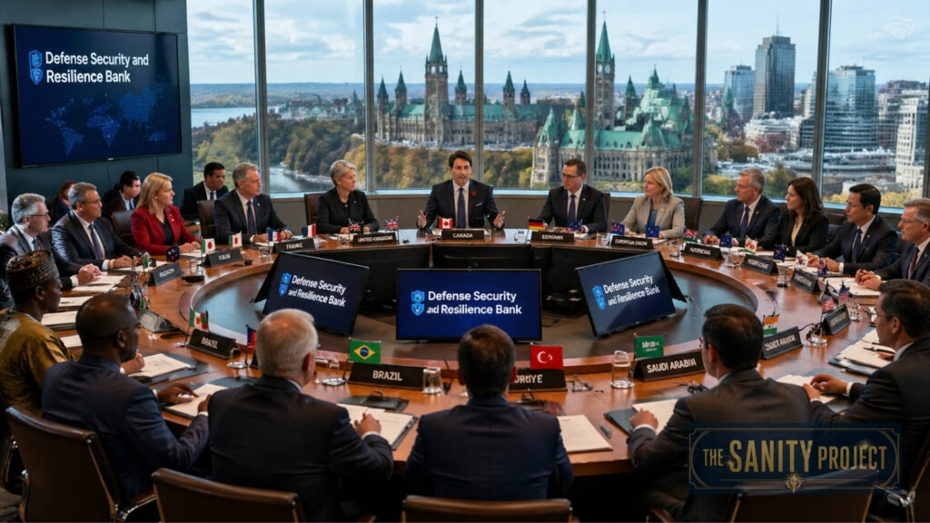 A group of international leaders sit around a large circular table with Defence Security and Resilience Bank signs. Cityscape and parliament buildings are visible, framed by the flags and nameplates of Canada, Brazil, Turkey, and Saudi Arabia.