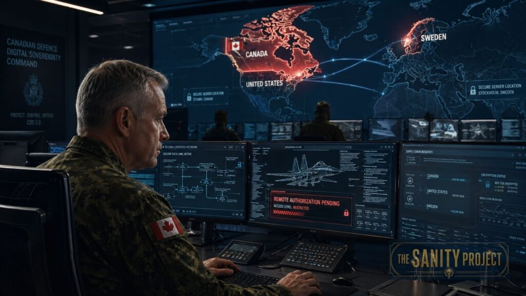 A military officer in camouflage, wearing a Canadian flag patch, monitors multiple screens showing maps and data—including details on the Saab Gripen—at a digital command center. The main map highlights Canada, the US, and Sweden. Text: THE SANITY PROJECT appears.
