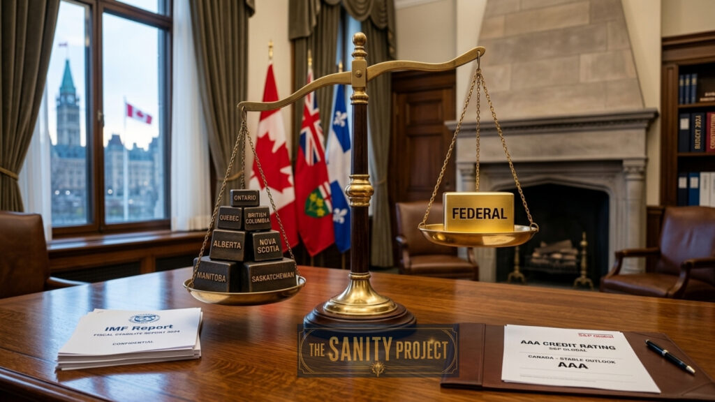 A balance scale on a desk shows Federal outweighing blocks labeled with Canadian provinces, highlighting the Canada Debt Crisis. Behind are flags, a fireplace, and Parliament. Papers labeled IMF Report and AAA Credit Rating sit near The Sanity Project in the foreground.
