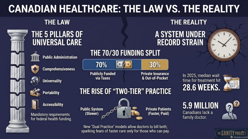 Infographic compares Canadian healthcare law and reality. Left: marble pillar lists five universal care pillars. Right: facts about long waits, private insurance, and 5.9M lacking a family doctor highlight the need for a new healthcare model. Central funding split pie chart.