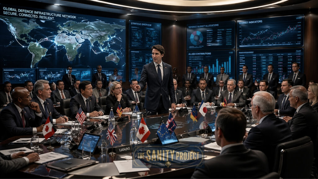 A formal meeting room with world leaders seated around a large table featuring country flags. A man stands speaking, while digital world maps and data charts on screens highlight the Defence Security and Resilience Bank at this high-level international summit.