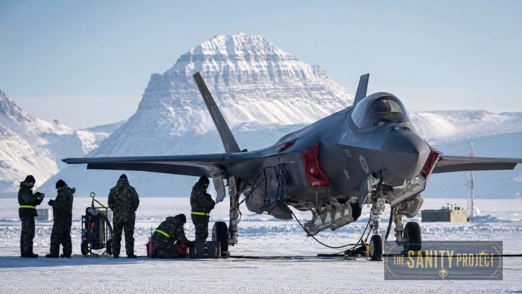A group in winter gear services a gray Saab Gripen fighter jet on a snowy airfield, with a massive, snow-capped mountain looming behind—highlighting Canada’s aerial sovereignty. The SANITY Project logo appears in the lower right corner.