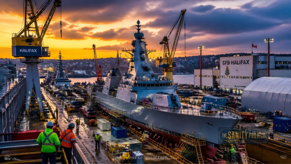 A navy ship under construction is docked at a shipyard at sunset. Workers in safety gear stand in the foreground, ensuring Defence Security and Resilience Bank standards. Cranes, equipment, and the cityscape of Halifax complete the scene.