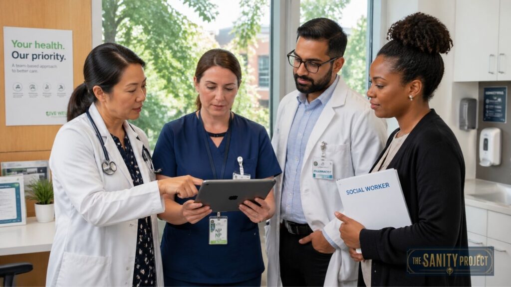 Four healthcare professionals, two women and two men, stand in a bright medical office. One woman in a white coat points at a tablet while others, including a Social Worker, discuss healthcare privatization amid medical posters and equipment.