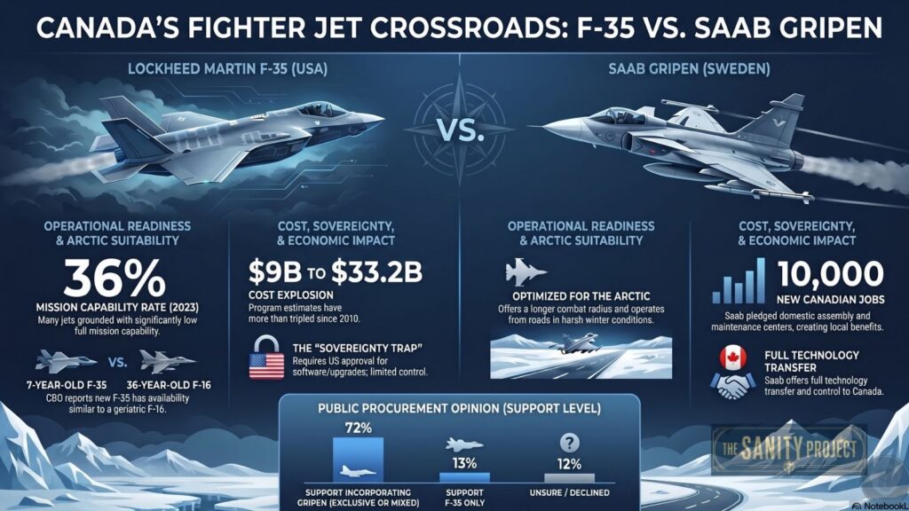 An infographic compares Canada’s fighter jet choices: the F-35 vs. Saab Gripen. It details operational readiness, costs, arctic suitability, tech transfer, and support levels—using icons and charts with both jets set against a snowy mountain backdrop.