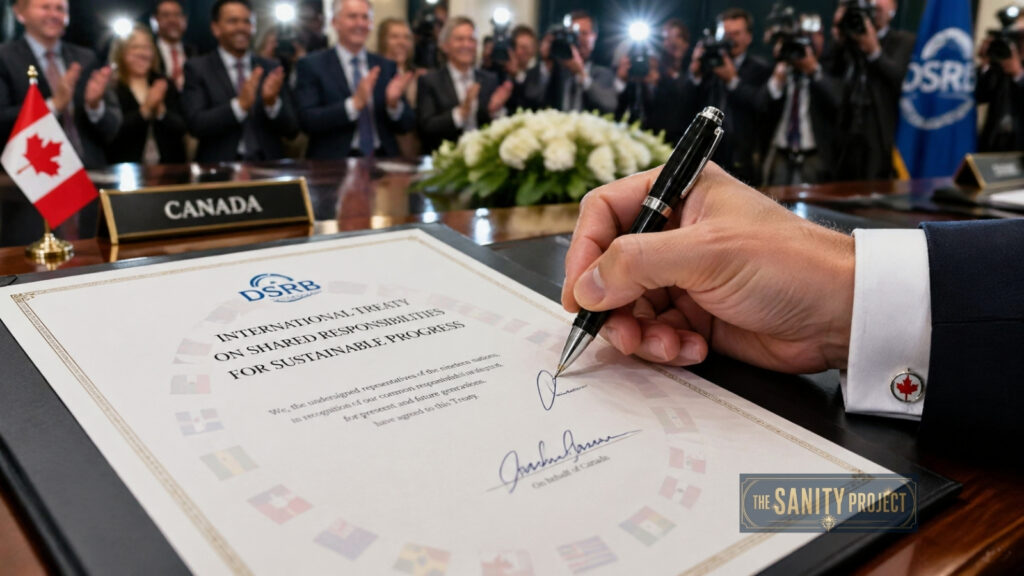 A close-up of a person signing a document titled “International Treaty on Shared Responsibilities for Sustainable Progress” for the Defence Security and Resilience Bank. The signer has a Canadian flag pin, as people applaud near a table adorned with flowers and flags.