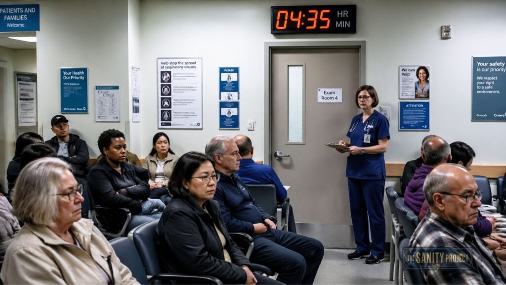 A hospital waiting room with diverse patients seated, some looking concerned. A nurse in blue scrubs stands by a door labeled Exam Room 4, holding a clipboard—part of Alberta healthcare’s new healthcare model. Informational posters cover the walls.