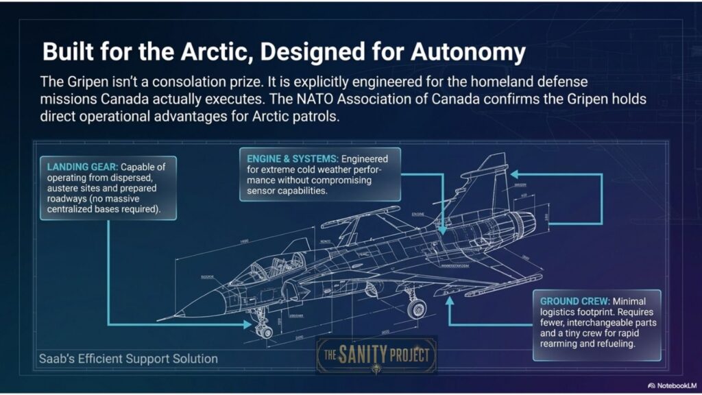 Infographic with a blueprint-style illustration of the Saab Gripen jet, highlighting Arctic-ready features: robust landing gear, advanced engine and systems, and low logistics needs. Text underscores its edge over the F-35 for Canada’s northern defense.