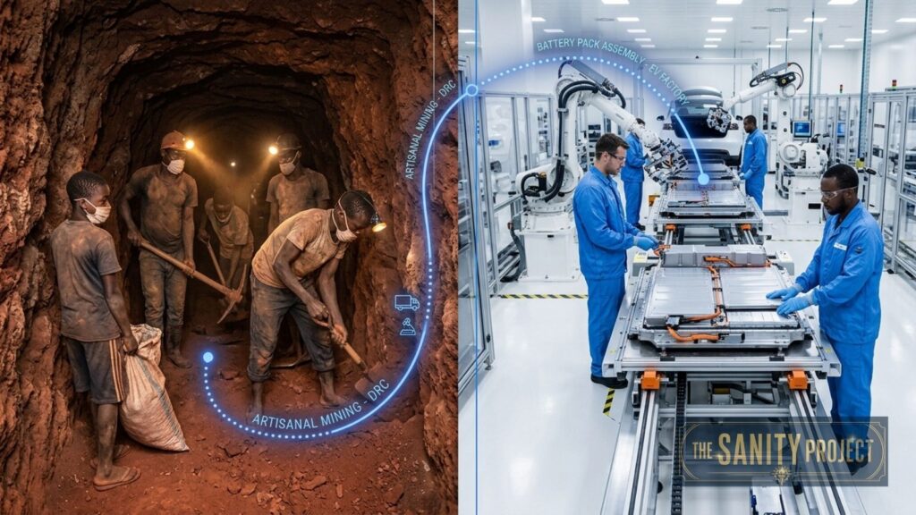 The image is split: left side shows men in a dim, muddy mine digging and carrying bags; right side shows technicians in blue lab coats assembling electric vehicle batteries in a modern factory. A digital arc connects both scenes; a logo reads The Sanity Project.