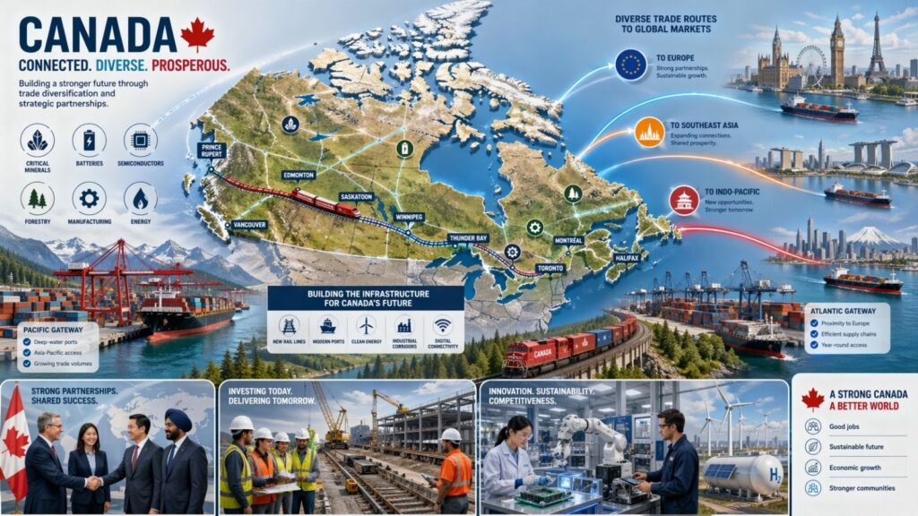 An infographic map of Canada highlights major trade routes, ports, infrastructure, key industries, and global export destinations—showcasing ships, trains, ports, and workers—to illustrate how Canada's Economic Plan supports a diverse and connected economy with global partnerships.