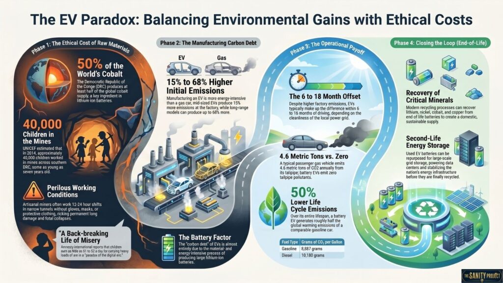Infographic titled The EV Paradox explores the EV debate, detailing electric vehicles’ lifecycle stages, ethical issues like child labor in mines, battery production emissions, operational benefits, and end-of-life solutions such as mineral recovery and second-life energy storage.
