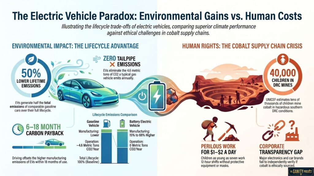 Infographic split in two: left shows an electric car, wind turbines, and text on Electric Vehicles’ low emissions and 6-18 month carbon payback; right highlights the EV Debate—children mining cobalt, perilous work, and need for transparency in supply chains.