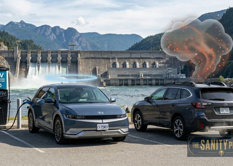 Two cars are parked near a hydroelectric dam and EV charging station, illustrating electric vehicles vs gas cars. One car charges with a blue glow; the other is surrounded by smoke and an orange explosion. Mountains and water form the backdrop: “The Sanity Project.”.