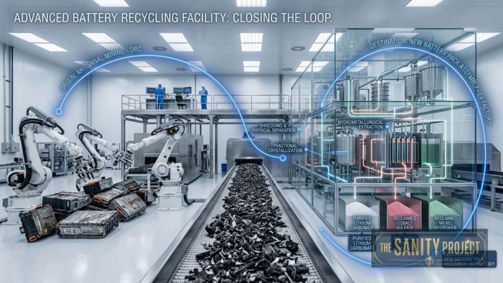A high-tech battery recycling facility features robotic arms handling battery packs from electric vehicles, a conveyor belt carrying black shredded material, and labeled diagrams showing shredding, extraction, and creation of new battery materials in a clean, well-lit space.