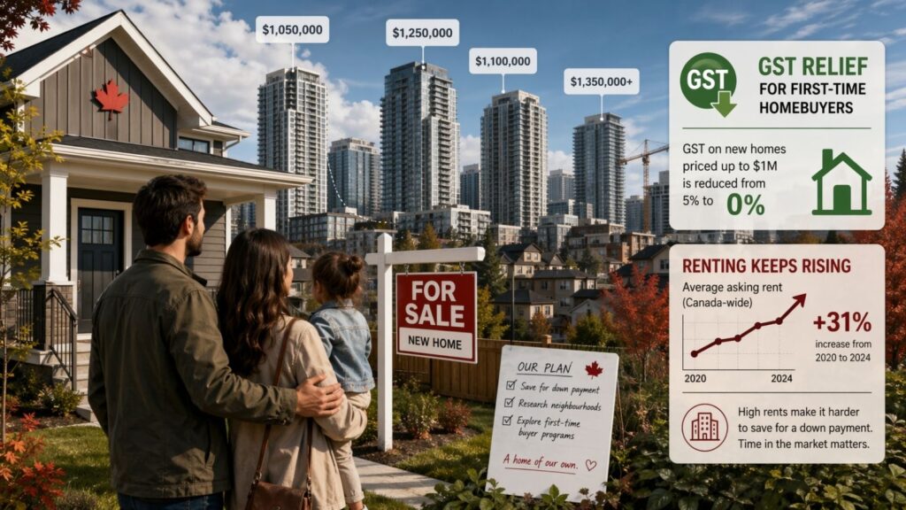 A couple stands outside a new home for sale, looking at a city skyline with price tags and Mark Carney quoted on housing. Graphs show GST relief for first-time buyers and a 31% rent hike from 2020 to 2024. A "Our Plan" sign lists housing goals.
