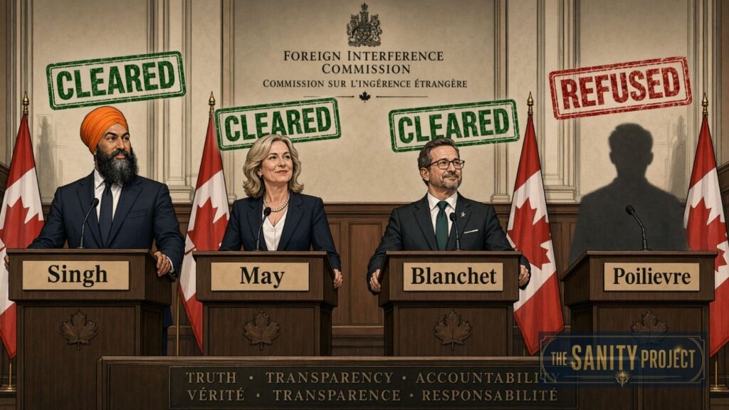 Four Canadian politicians stand at podiums labeled Singh, May, Blanchet, and Pierre Poilievre. Behind them, “Foreign Interference Commission” is written. Singh, May, and Blanchet have “Cleared” security clearance stamps; Poilievre’s is marked “Refused.”.