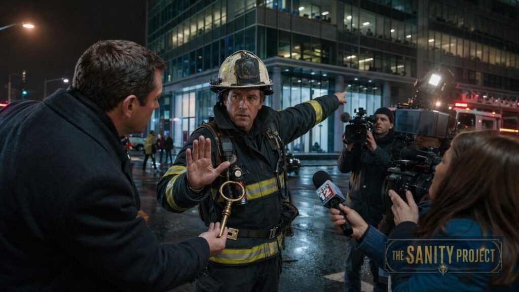 A firefighter in full gear gestures with his arm and signals reporters to stop, requiring security clearance. Reporters with microphones and cameras surround him on a city street at night; glass buildings and fire trucks line the background. The Sanity Project logo appears.