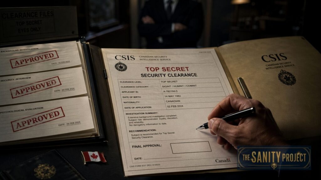 A person fills out a “Top Secret Security Clearance” form for CSIS, the Canadian Security Intelligence Service. Stamps reading “APPROVED” and a small Canadian flag are visible on the desk, along with The Sanity Project logo and documents featuring Pierre Poilievre.