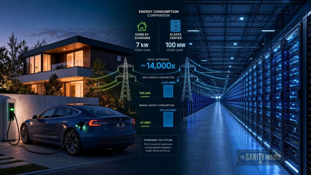A modern home charges an electric car at dusk on the left, while a brightly lit AI data center extends on the right. An infographic in the center highlights their energy usage and electric vehicle grid impact, using data and electric symbols.