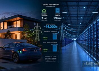 A modern home charges an electric car at dusk on the left, while a brightly lit AI data center extends on the right. An infographic in the center highlights their energy usage and electric vehicle grid impact, using data and electric symbols.