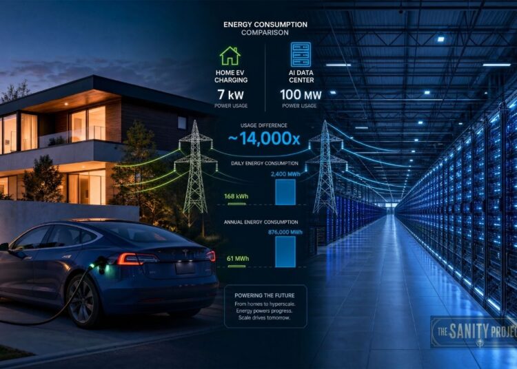 A modern home charges an electric car at dusk on the left, while a brightly lit AI data center extends on the right. An infographic in the center highlights their energy usage and electric vehicle grid impact, using data and electric symbols.