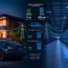 A modern home charges an electric car at dusk on the left, while a brightly lit AI data center extends on the right. An infographic in the center highlights their energy usage and electric vehicle grid impact, using data and electric symbols.