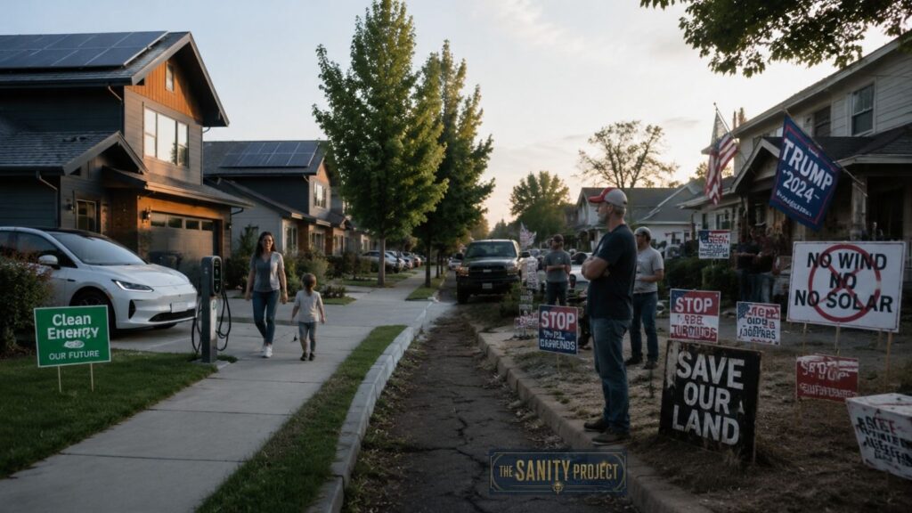 A suburban street lined with houses shows a family walking on the left sidewalk. On the right, a man stands near a yard filled with protest signs spreading renewable energy misinformation and Trump 2024, while a Clean Energy sign stands in another yard.