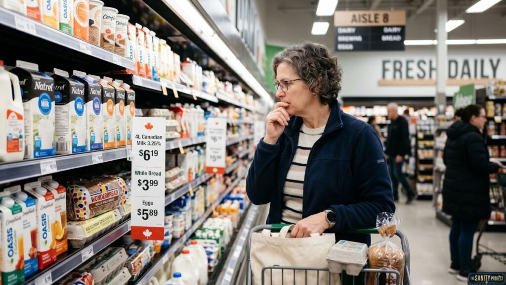A woman with gray hair and glasses stands in a grocery store dairy aisle, looking thoughtfully at cartons of milk. As she considers prices for milk, bread, and eggs, she wonders, what does sticky inflation mean for her weekly shopping?.