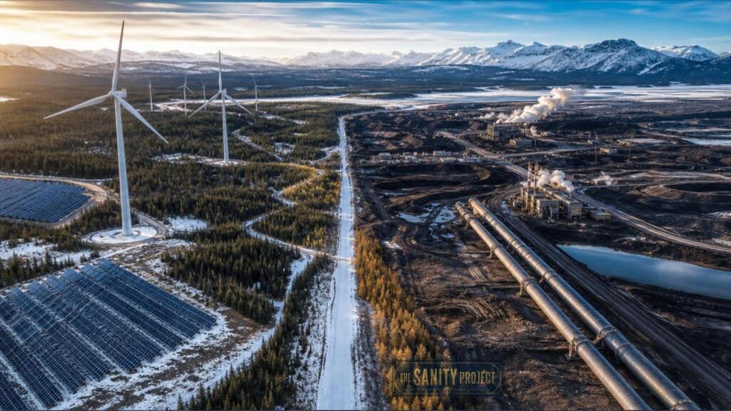 A landscape depicts the energy transition in Canada, with wind turbines and solar panels on one side, separated by a snowy path from a coal or oil plant with smokestacks and pipelines; mountains rise beneath a partly cloudy sky.