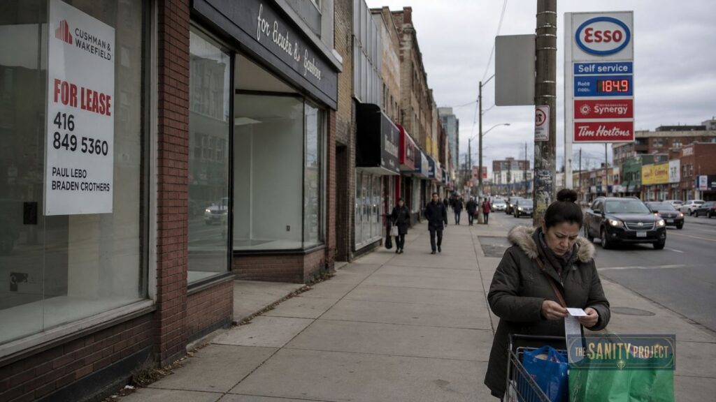 A woman in a parka stands by a shopping cart on a city sidewalk. The street, lined with stores—some vacant with For Lease signs—offers visible recession warning indicators. Other pedestrians and cars move beneath a cloudy sky near Esso and Tim Hortons signs.