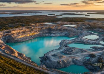 A large open-pit mine with terraced sides and turquoise water collects at the bottom, highlighting Canada’s critical minerals. Smaller pools dot the landscape, surrounded by forest and lakes under a golden sunset. The Sanity Project logo appears in the lower right corner.