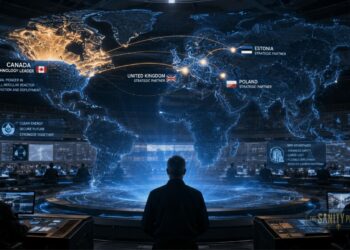 A high-tech control room with people observing a large holographic world map highlighting Canada, the UK, Estonia, and Poland as strategic partners in energy projects. Blue and gold digital overlays emphasize the Canada Nuclear Energy Strategy and Small Modular Reactor Canada.