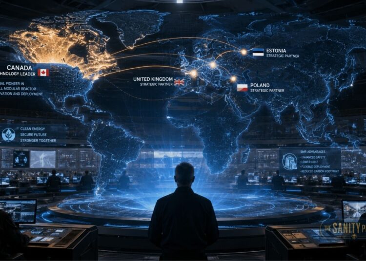 A high-tech control room with people observing a large holographic world map highlighting Canada, the UK, Estonia, and Poland as strategic partners in energy projects. Blue and gold digital overlays emphasize the Canada Nuclear Energy Strategy and Small Modular Reactor Canada.