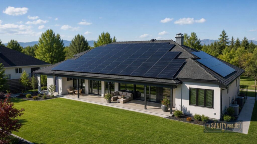 A modern single-story house with large windows and a wide patio sits in a green yard. Embracing the solar energy transition, its roof is covered with solar panels. Trees surround the home under a blue sky, with mountains visible in the background.