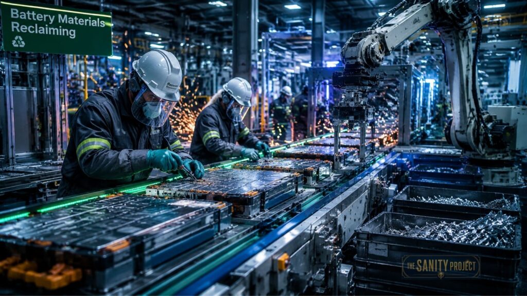 Workers in protective gear dismantle batteries on an automated assembly line for EV battery recycling in a brightly lit factory. A robotic arm assists, and a green sign reads “Battery Materials Reclaiming,” with sparks and metal parts highlighting the industrial setting.
