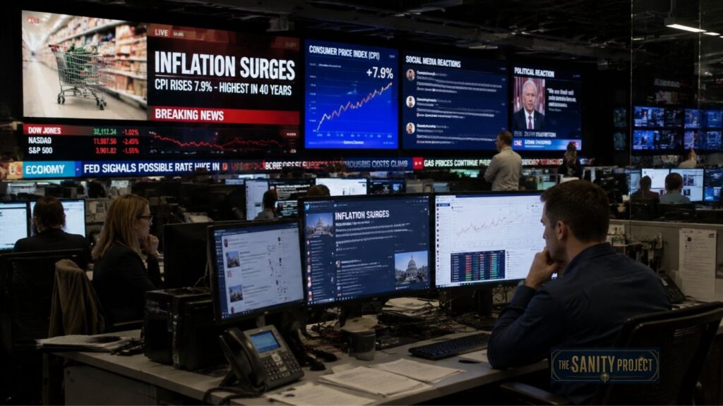 A newsroom with many people working at desks and monitors. Large screens display headlines about inflation surging, stock market data, and graphs—highlighting the gap between perception vs economic reality. One screen shows an empty grocery cart in an aisle.