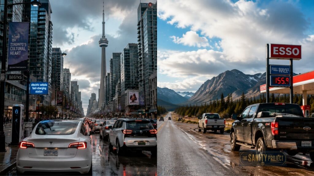Split image: Left side shows a crowded Toronto street with tall buildings, the CN Tower, and traffic—highlighting challenges for EV adoption in Canada. Right side shows a rural road by mountains, an Esso station, and pickup trucks under partly cloudy skies.
