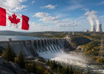 A large Canadian flag waves near a hydroelectric dam on the Canada Electricity Grid, with water flowing out. Wind turbines and nuclear power plants stand in the background amid hills, trees, power lines, and a partly cloudy sky.