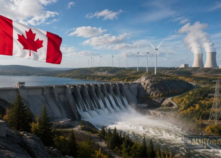 A large Canadian flag waves near a hydroelectric dam on the Canada Electricity Grid, with water flowing out. Wind turbines and nuclear power plants stand in the background amid hills, trees, power lines, and a partly cloudy sky.