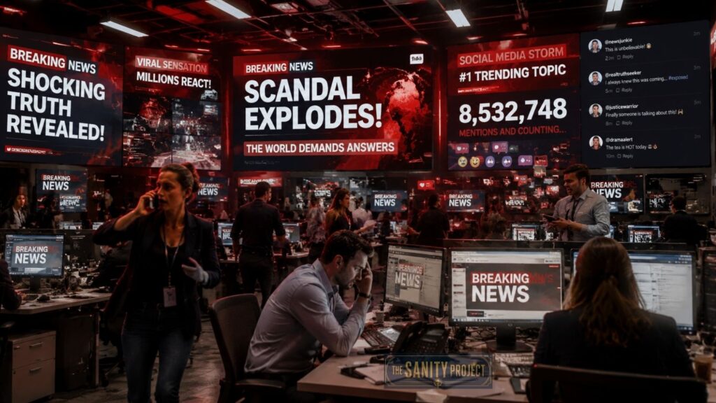 Busy newsroom with journalists on phones and computers. Large red screens display what causes misleading headlines: Shocking Truth Revealed!, Scandal Explodes!, and social media stats. The intense, chaotic atmosphere fuels breaking news.