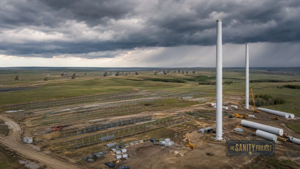 A wide, green landscape with three tall, white wind turbine towers under construction. Windmill parts and building equipment are scattered on muddy ground. In the distance, oil pumpjacks hint at the ongoing war on renewable energy under a dramatic sky.