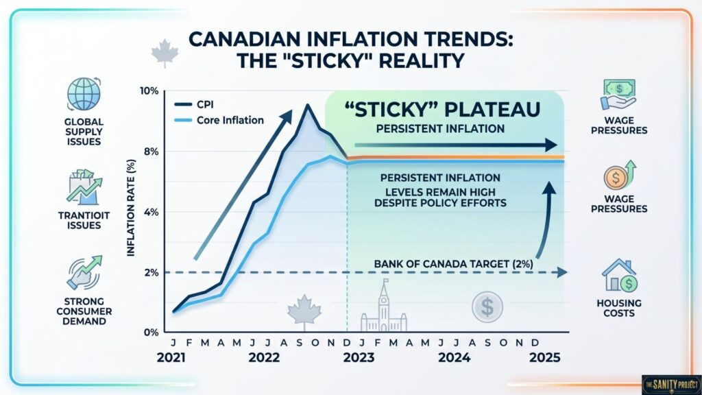 A line graph titled Canadian Inflation Trends: The Sticky Reality shows rising CPI and core inflation rates from 2021, peaking mid-2022, then forming a sticky plateau—illustrating what sticky inflation means—as levels stay above the Bank of Canada’s 2% target.