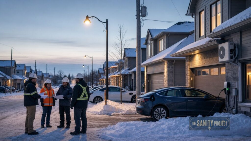 A group of four people in safety gear stand and converse on a snowy residential street at dusk, reflecting the energy transition Canada is undergoing. An electric car charges nearby as warm lights glow from modern houses lining the street.
