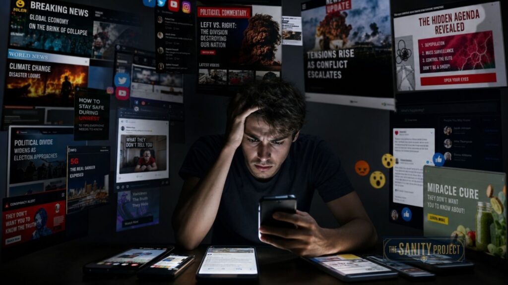 A stressed man sits in a dark room, surrounded by glowing screens and news headlines about global crises, conspiracy theories, and declining public trust in institutions. Overwhelmed, he looks at his phone with his hand on his head as alarming content fills multiple devices.