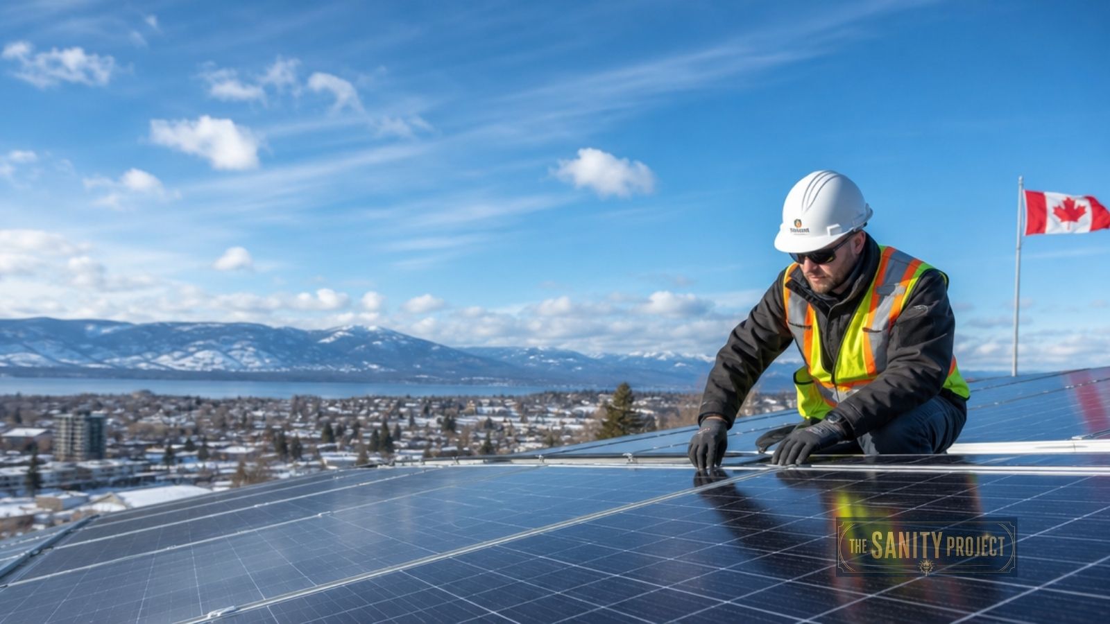 A worker in a safety vest and white helmet installs solar panels on a rooftop overlooking a city, with snow-capped mountains, blue sky, and a Canadian flag—a snapshot of Canada's Renewable Energy Future on this bright, clear day.